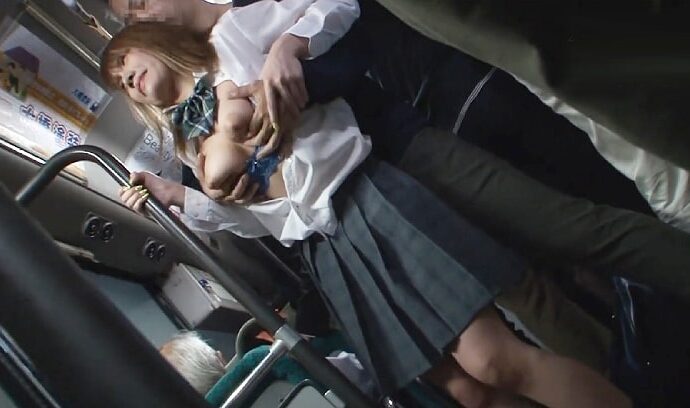 満員バスで巨乳デカ乳輪JKを痴漢する変質者